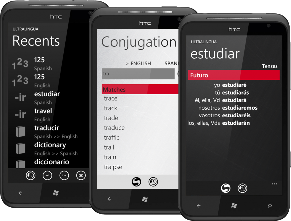 Windows Phone Showing Recent, Conjugation, and Conjugated screens